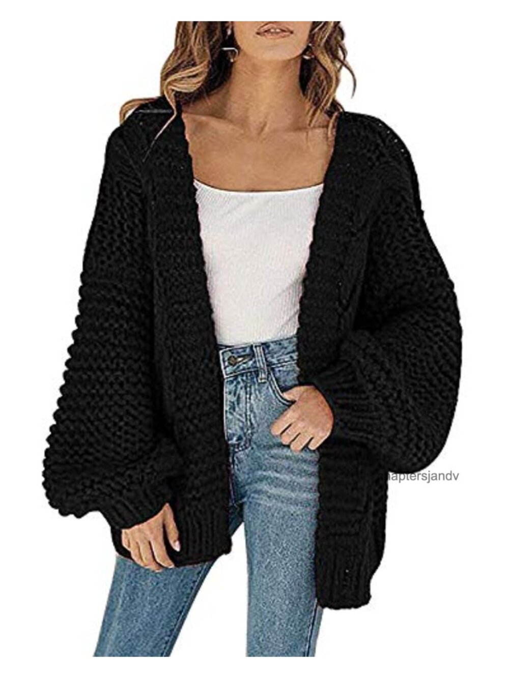 Chunky Knit Open Front Cardigan Loose Lantern Sleeve Oversized Sweater